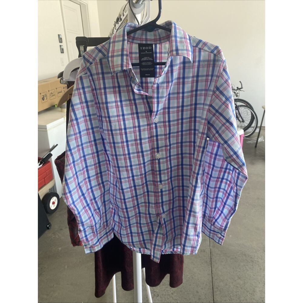 Izod Plaid Button Up Shirt Boys Size Small 8 Long Sleeve Collared Pink Blue